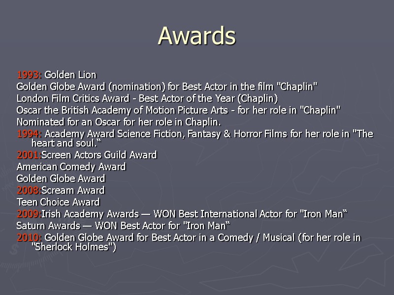 Awards 1993: Golden Lion Golden Globe Award (nomination) for Best Actor in the film